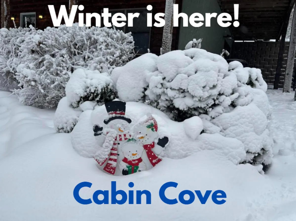 This image shows a cheerful, snow-covered exterior scene featuring snow-covered bushes and a playful snowman decoration. The landscape evokes winter fun and the holiday spirit, hinting at the snowy conditions and recreational opportunities nearby.